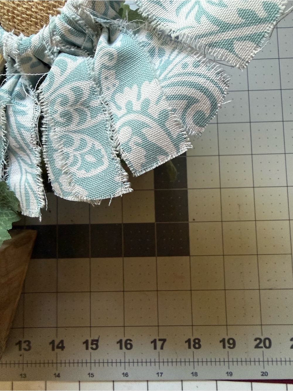 Blue Paisley Fabric Sunflower Arrangement in Wood Planter - Picture 10 of 11